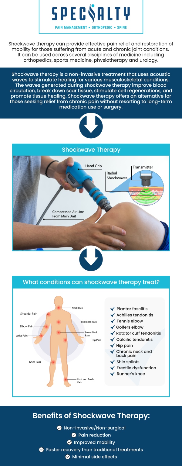Shockwave therapy is an innovative treatment used to relieve pain and promote healing for various musculoskeletal conditions. While coverage for shockwave therapy may vary depending on your insurance provider and plan, many policies offer partial coverage for medically necessary treatments. At Specialty Medical Center, our professional team offers this effective treatment as part of our comprehensive pain management services. For more information, contact us today or schedule an appointment online. We have convenient locations to serve you in Sterling Heights MI and Dearborn MI.
