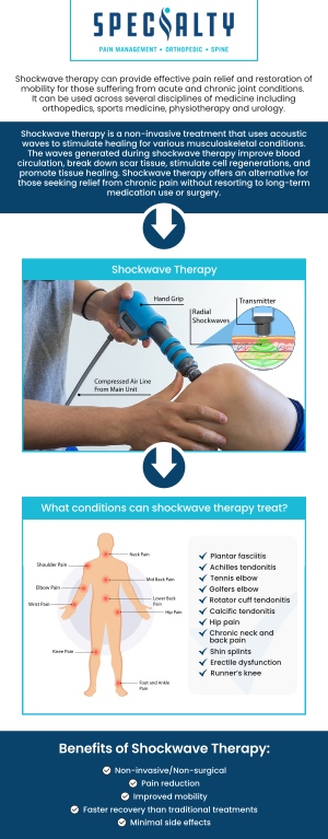 Shockwave therapy is an innovative treatment used to relieve pain and promote healing for various musculoskeletal conditions. While coverage for shockwave therapy may vary depending on your insurance provider and plan, many policies offer partial coverage for medically necessary treatments. At Specialty Medical Center, our professional team offers this effective treatment as part of our comprehensive pain management services. For more information, contact us today or schedule an appointment online. We have convenient locations to serve you in Sterling Heights MI and Dearborn MI.